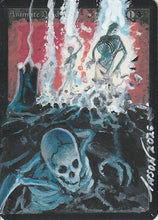 Skeletal figures with a red background, likely from a card game or collectible item.